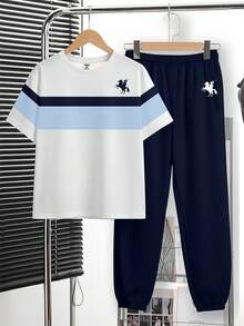 Tween Boy Casual Minimalist, Fashion Classic, Cool Style, Pony Logo, American Retro, Sporty, Color Block, Comfortable Round Neck Short Sleeve T-Shirt And Pants Set, Suitable For Street Style, Home, School