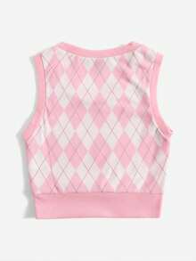 SHEIN EZwear Contrasting Colors Argyle Print Round Neck Tight Pink Tank Top