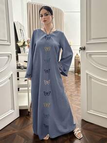 Yasmyna Women's Butterfly Embroidered Long Sleeve Loose Casual Halter Dress Kaftan Jalabiya Dress - Dusty Blue - View 7