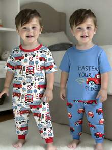 SHEIN 4件套男女通用婴儿服装，可爱休闲卡通印花长袖T恤和松紧腰长裤4件套 - 彩色 - 查看 4