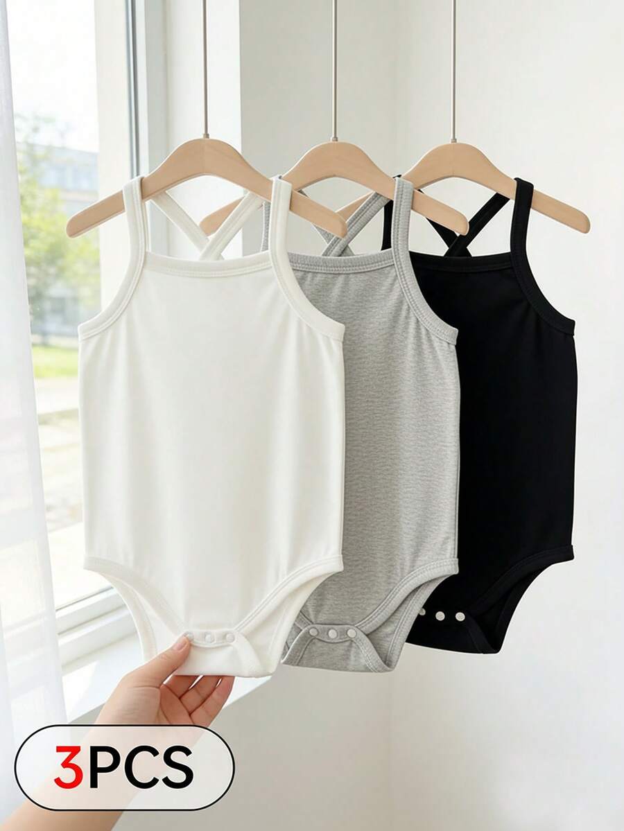 SHEIN 3pcs Baby Girl Summer Rompers Set, Gray/Black/White Sleeveless Bodysuits, Minimalist Style, Classic Black White Gray 3-Piece Outfit, Soft Cotton Blend Fabric, Suitable For Infant Toddler Outdoor Play & Casual Wear - Multicolor - View 1