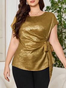 Reflora Damen Große Größen Einfarbige Lässige Kurzarm Bluse mit Bindedetail - Gold - Übersicht 7