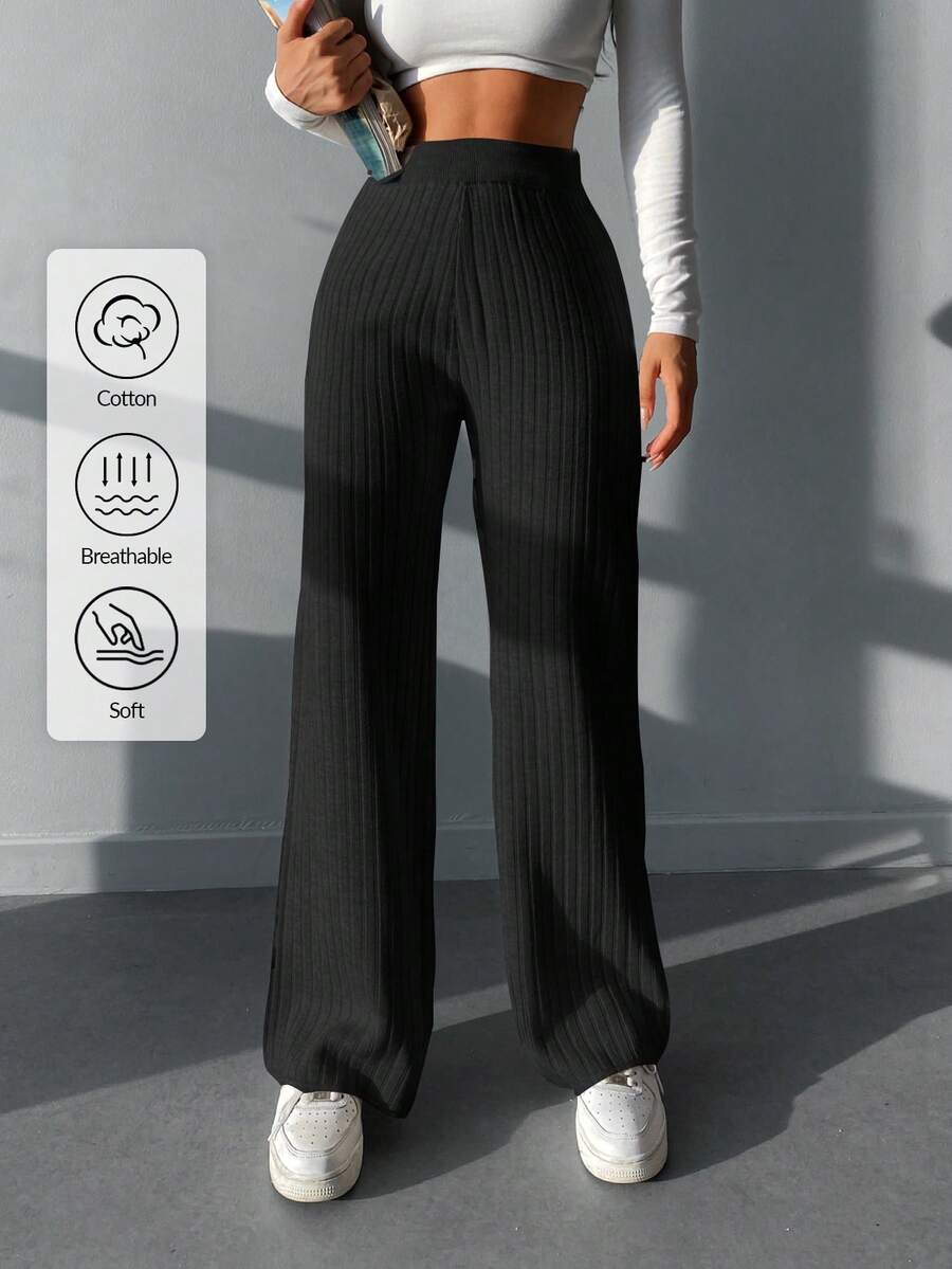 RueChic Solid Rib Knit Wide Leg Trousers - Black - View 1
