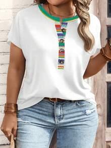 EMERY ROSE 女士加大码圆领纽扣半开襟休闲百搭通勤短袖T恤 - 白色 - 查看 1