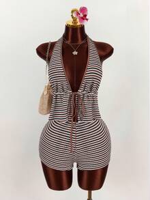 Amplova Plus Size Textured Striped Halter Neck Crop Top And Low Waist Shorts 2 Piece Set - Brown - View 1