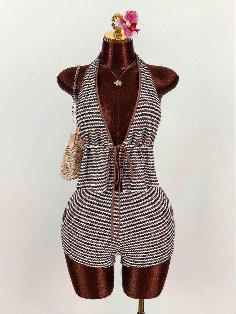 Amplova Plus Size Textured Striped Halter Neck Crop Top And Low Waist Shorts 2 Piece Set - Brown - View 1