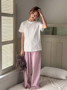 Dazy Kids Teen Girl Solid Color Short Sleeve Top & Bow Print Pants Pajama Set Spring Summer - Pink - View 4