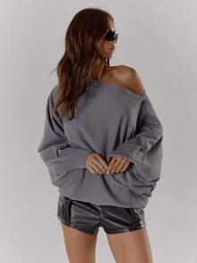 MUSERA Asymmetrical Shoulder Studded Back Wing Oversized Cinched Waist Jumper Y2K Cool Girl Streetstyle Everyday Casual Winter Spring - Grey - View 5