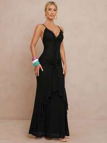 Lumalex Đầm ôm sát eo kiểu đuôi cá với dây đeo mảnh và viền bèo nhún dành cho nữ - màu đen - Xem 3