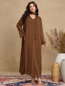 Al Najma Women's V-Neck Ruffle Scarf Decor Elegant Long Arabic Dress - Brown - View 3