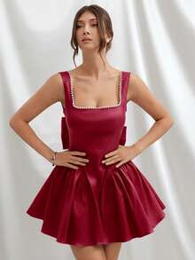 L'Amorae 女士连衣裙，后背饰有串珠蝴蝶结，低圆领露背设计，方领 - 酒紅色 - 查看 2