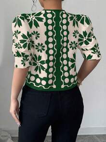 Elenzga Plus Size Bowknot Colorblock Short Sleeve Shirt With Digital Print, Unique Design, Vacation Style - Green - View 2