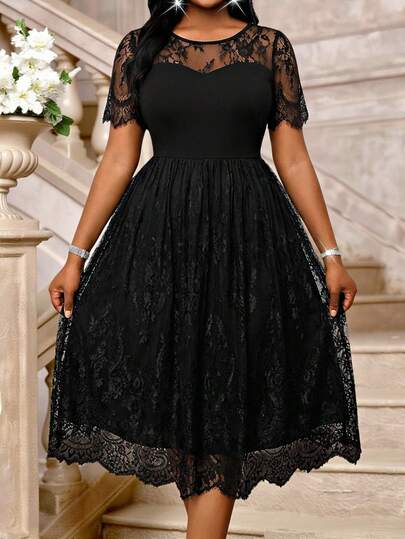 Fleurora Plus Size Women Lace Patchwork Elegant Waist Cinched Vacation Party Short Sleeve Dress