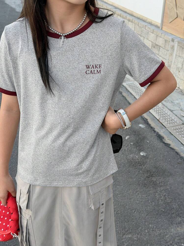 Tween Girl Contrast Trim Round Neck Loose Fit Short Sleeve Casual T-Shirt, Summer