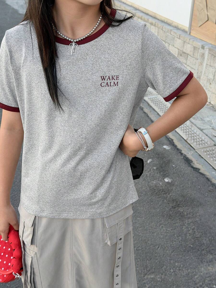 DAZY 少女撞色滚边圆领宽松短袖休闲T恤，夏季 - 灰色 - 查看 1