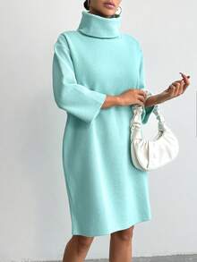 EURMUSE Women's Solid Color Turtleneck Dress - Baby Blue - View 5