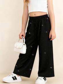 SHEIN ChillGRL Young Girl's Woven Letter Graphic Casual Straight Leg Pants - Black - View 2