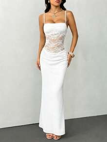 SHEIN PETITE 女士吊带蕾丝透视连衣裙，性感派对装、约会装、节日装，适合秋冬季节，可作内搭。 - 白色 - 查看 7