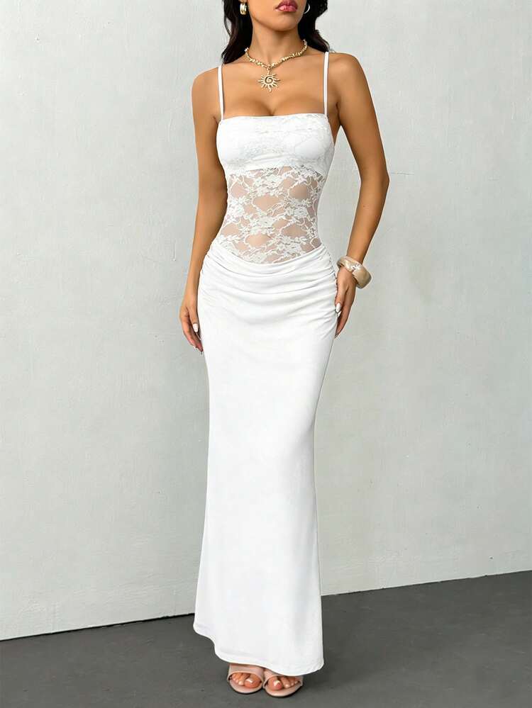 SHEIN PETITE 女士吊带蕾丝透视连衣裙，性感派对装、约会装、节日装，适合秋冬季节，可作内搭。 - 白色 - 查看 7