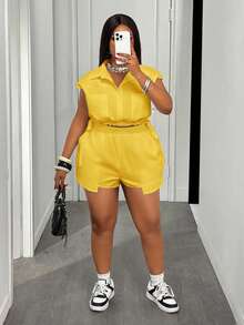 Slaydiva Bộ đồ mặc nhà đa năng, thoải mái hàng ngày, thanh lịch dành cho nữ cỡ lớn, gồm áo croptop không tay và quần short màu trơn. - Màu vàng - Xem 7