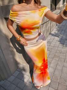 Opulessa Bộ 2 áo crop top in họa tiết dệt kim và chân váy đuôi cá ôm sát cạp cao dành cho nữ, trang phục đi nghỉ - trái cam - Xem 1