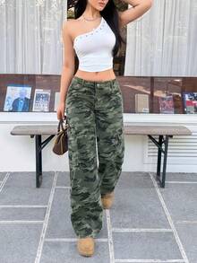 SHEIN EZwear Quần jeans ống rộng nữ kiểu dáng thường ngày, họa tiết rằn ri, có túi nắp, phù hợp cho việc đi lại hàng ngày. - xanh quân đội - Xem 6