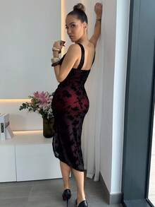 Manon Tanti 女士优雅花卉植绒网眼开衩连衣裙、黑色返校节连衣裙、女巫连衣裙、吸血鬼连衣裙、优雅女士连衣裙、亡灵节服装、哥特 - 紅色和黑色 - 查看 2