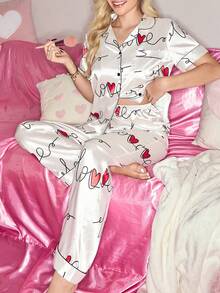 Heart Print Satin Short Sleeve Collar Women Pajama Set