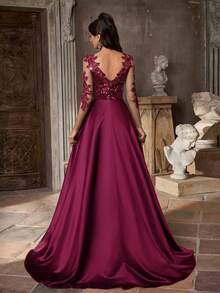 Aureia Elegant Black Beaded Sequin Patchwork Satin Sheer Long Sleeve V-Neck Fishtail Maxi Dress With Flowing Train,Perfect For Formal Weddings,Parties,Galas - Burgundy - View 2