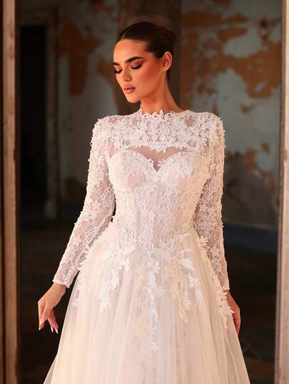 Aureia Elegant lyxig romantisk ståkrage långärmad broderad livstycke med hjärtformad halsringning, midjeåtsittande silhuett, utsvängd meshkjol med knytband i midjan, lämplig för olika formella tillfällen, brudklänning för kvinnor