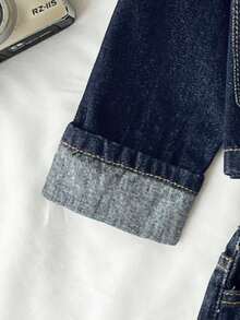 SHEIN 2pcs/Set Young Girl Navy Blue Denim Cropped Jacket And Mini Skirt - Dark Wash - View 8