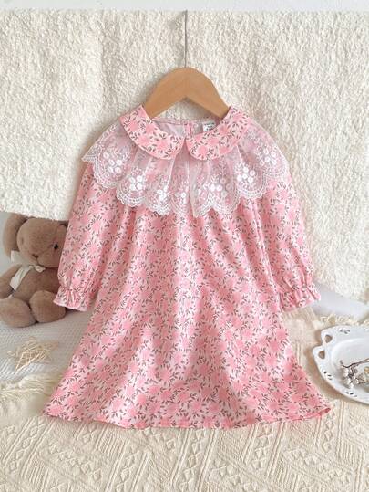 Baby Girls Dresses-Long Sleeve Round Neck Lace Peter Pan Collar Floral Print A Line Skater Soft Drape Comfortable Loose Skirt Party Birthday Photo Shoot Home Travel Four Seasons 2026 New Year Essential Pink Baby Dress With Flowers Cozy Pixies Baby Girl Dress Baby Vintage Dress Baby Girl Long Sleeve Dress Girls Pink Floral Dress