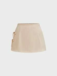 Sweetra Plus Size Women's Apricot Vintage Romantic Vacation School Style Bow Tie Sexy Cute Side Slit A-Line Mini Skirt With Shorts To Prevent Exposure, Mini Skirt, Apricot Mini Skirt, Summer Mini Skirt, Vacation Mini Skirt, Back To School, Office Wear, Home, Daily Wear, Suitable For Spring/Summer - Apricot - View 3