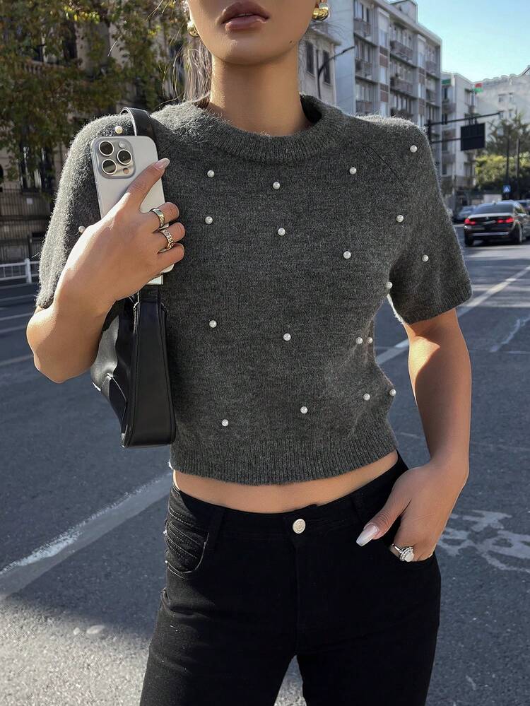 Pearl Decor Short Sleeve Casual Knit Top For Women Y2k