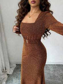 Elenzga Elegantes, sexy glitzerndes Kleid mit quadratischem Ausschnitt, Langarm, Gürtel und Meerjungfrau-Silhouette, schmeichelhaft für Party, Date, Herbst/Winter/Frühling