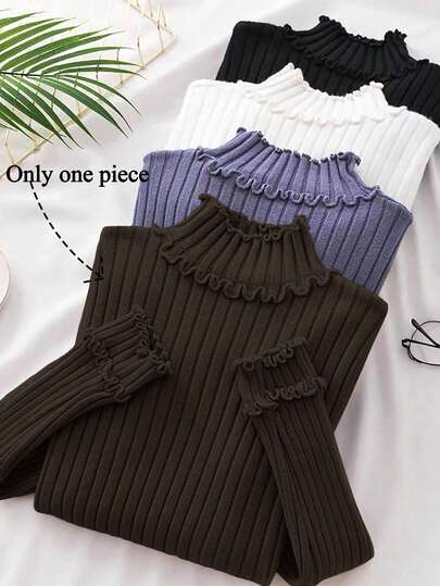 Franclia كنزة صوفية نسائية ذات لون أحادي أنيقة مزينة بحافة مكرمشة من الحياكة المحبوكة