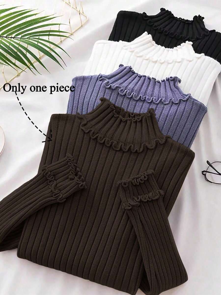 SHEIN LUNE 女士纯色优雅荷叶边罗纹针织毛衣 - 巧克力棕 - 查看 1