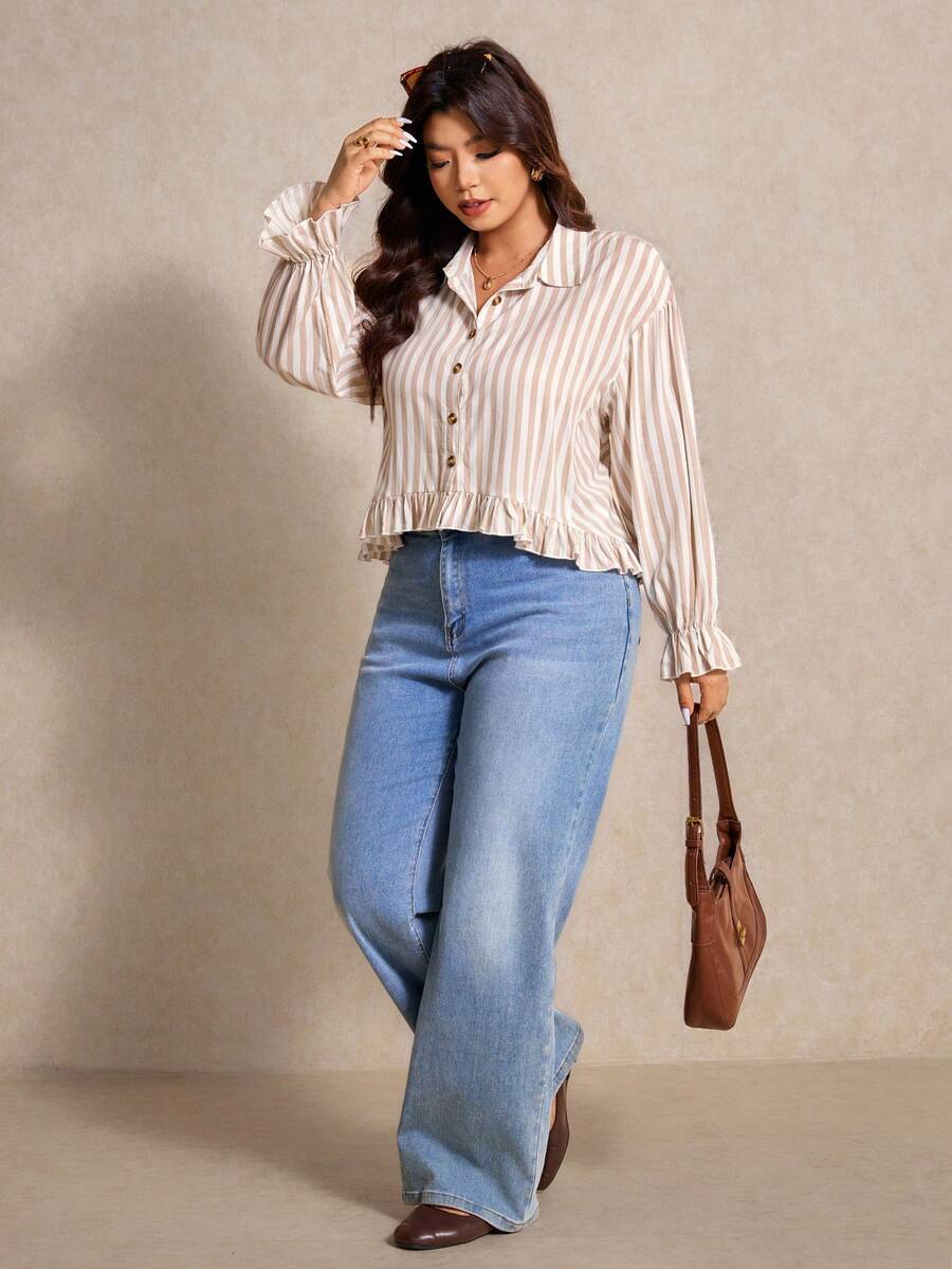 Elaquor Plus Size Casual Commuter Striped Shirt, Autumn - Apricot - View 1
