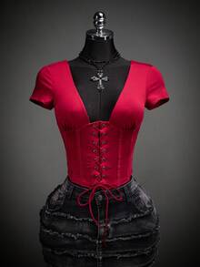 SHEIN ICON 哥特风交叉系带修身女式T恤 - 酒紅色 - 查看 3