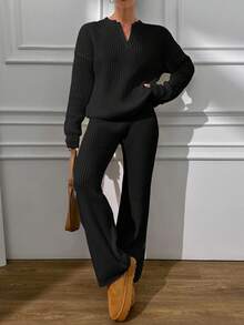 EURMUSE V Neck Sweater And Pant Casual Elegant - Black - View 7