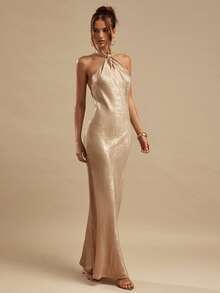 SHEIN BAE Gold Textured Backless Dress For Women, Elegant Summer Sexy Party Dress, Suitable For Nightclub, Brunch, Wedding Guest, Bridesmaid, Vacation Beach - Gold - View 6