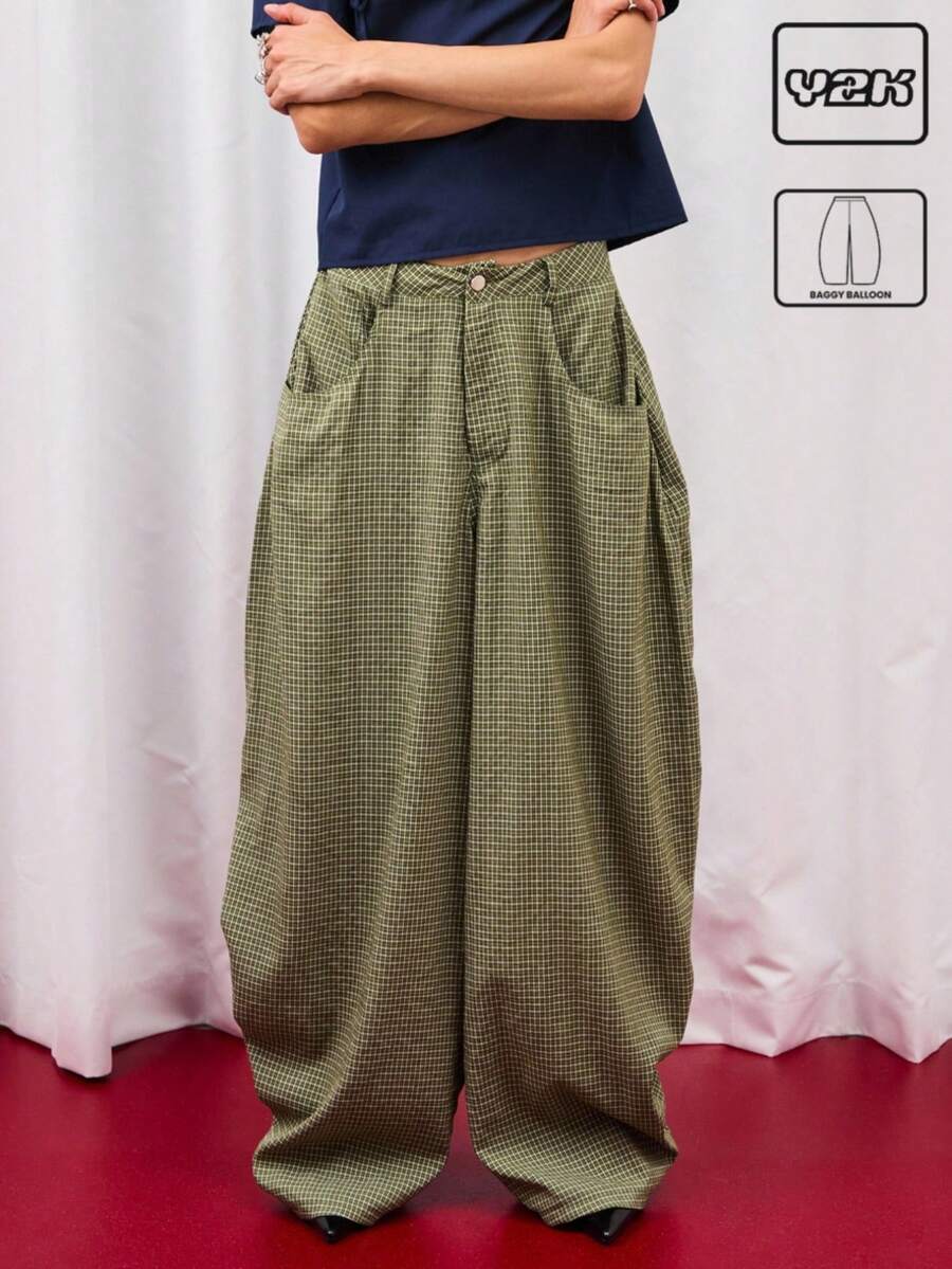 COUREZ Low Rise Baggy Balloon Fit Check Trousers /Y2K Going Out Outfits Fall Women Clothes Fall Clothes Cute Winter Clothes For Women - Dark Green - View 1