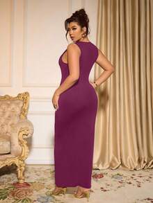 Cravure Váy ôm dáng không tay màu trơn thanh lịch cỡ lớn, thích hợp để đi làm - Màu Hồng Tươi - Xem 2