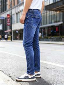 Hombre jeans casual lavado azul denim ajuste slim primavera verano uso diario pantalones - Azul - Ver 2