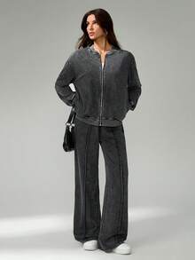 SHEIN Tall Casual Washed Snow Flake Baseball Jacket And Relaxed Fit Pants Set/Summer And Summer Co Ords Sets Women Lounge Wear Track Suits For Women - Black - View 11