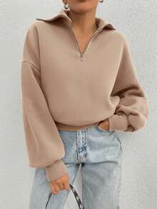 SHEIN Tall 100%純棉領口拉鍊圖案寬鬆版衛衣，適合高個女性 - 米色 - 查看 6