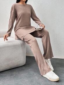 Cotton Drop Shoulder Split Hem Tee & Pants - Brown - View 4