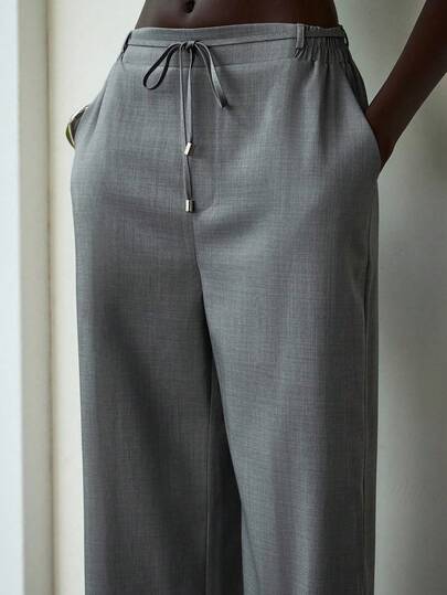 SHEIN PETITE Petite Women's Elastic Waist Pants With Metal Buckle Belt, Casual Loose Straight Leg Trousers For Commuting And Summer