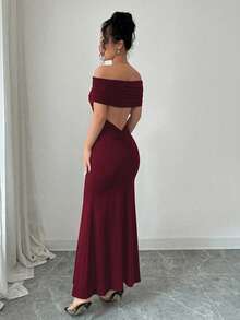 Rafferiza Petite Đầm đuôi cá hở vai, không lưng, thiết kế mới - Màu Đỏ Sâu - Xem 8