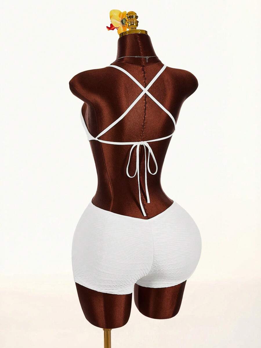 Amplova Women's Avant-Garde Backless Metallic Shell Decor Halter Top Bikini Two Piece Set Shorts Bathing Suit,All White,Summer,Cow Boy,Gym - White - View 1